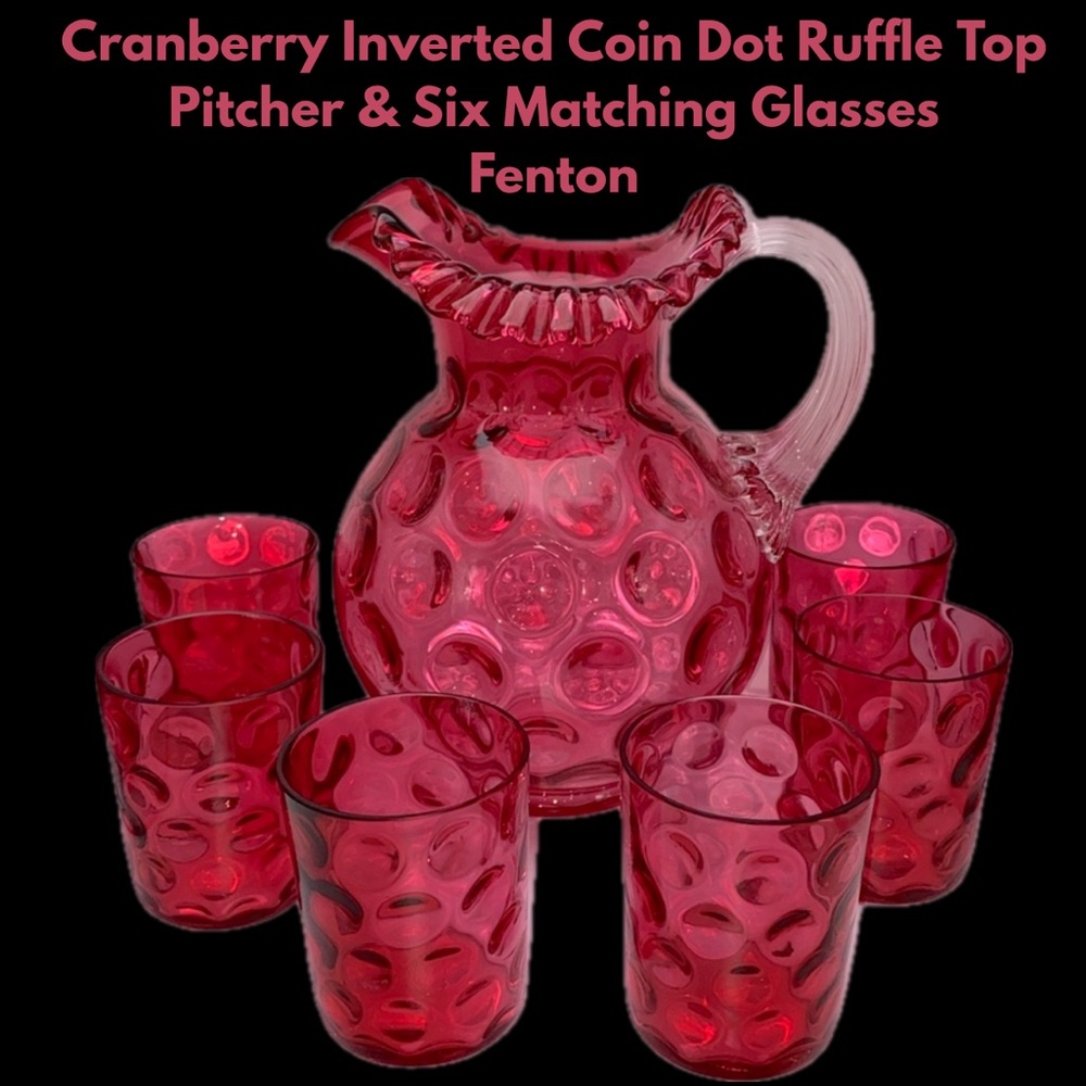 Cranberry Inverted Coin Dot Ruffle Top Pitcher & Six Matching Glasses